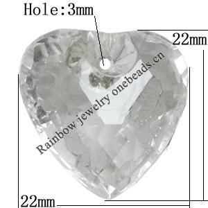 Transparent Acrylic Pendant, Faceted Heart 22x22mm Hole:3mm, Sold by Bag 