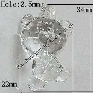 Transparent Acrylic Pendant, Animal 34x22mm Hole:2.5mm, Sold by Bag 