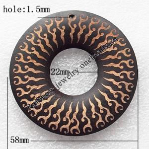 Wooden Jewelery Pendant, Donut Outside Diameter:58mm, Inside Diameter:22mm, Sold by PC