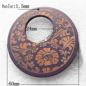 Wooden Jewelery Pendant, Donut Outside Diameter:60mm, Inside Diameter:24mm, Sold by PC