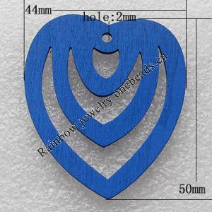 Wooden Jewelery Pendant, Heart 50x44mm Hole:3mm, Sold by PC