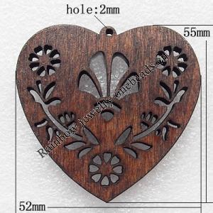 Wooden Jewelery Pendant, Heart 52x55mm Hole:2mm, Sold by PC