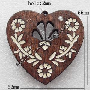 Wooden Jewelery Pendant, Heart 52x55x5mm Hole:2mm, Sold by PC