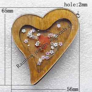 Wooden Jewelery Pendant, Heart 65x56x7mm Hole:2mm, Sold by PC