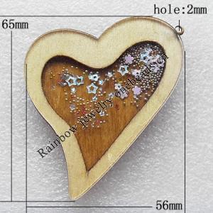 Wooden Jewelery Pendant, Heart 65x56x7mm Hole:2mm, Sold by PC