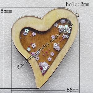 Wooden Jewelery Pendant, Heart 65x56x7mm Hole:2mm, Sold by PC