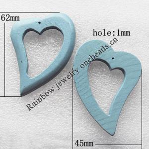 Wooden Jewelery Pendant, Heart 62x45x5mm Hole:1mm, Sold by PC