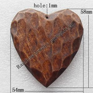 Wooden Jewelery Pendant, Heart 58x54x7mm Hole:1mm, Sold by PC