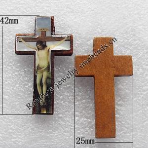 Wooden Jewelery Pendant, Cross 42x25x5mm Hole:2mm, Sold by PC