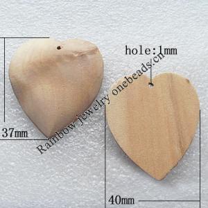 Wooden Jewelery Pendant, Heart 40x37x5mm Hole:1mm, Sold by PC