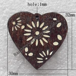 Wooden Jewelery Pendant, Heart 30x32mm Hole:1mm, Sold by PC