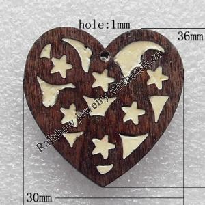 Wooden Jewelery Pendant, Heart 36x30mm Hole:1mm, Sold by PC