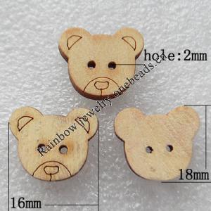 Wood Button，Animal 16x18mm Hole:2mm, Sold by PC
