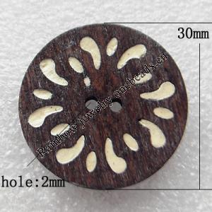 Wood Button，Flat Round 30x5mm Hole:2mm, Sold by PC