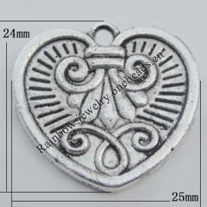 Pendant Zinc Alloy Jewelry Findings Lead-free, Heart 24x25mm Hole:2.5mm, Sold by Bag