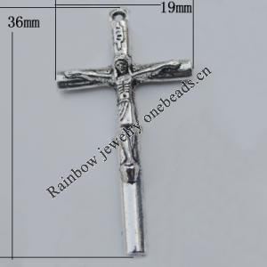 Pendant Zinc Alloy Jewelry Findings Lead-free, Cross 36x19mm Hole:1mm, Sold by Bag