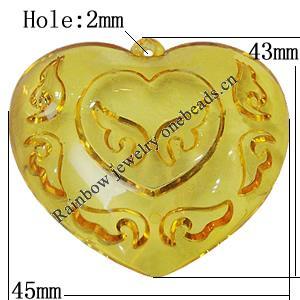 Transparent Acrylic Pendant, Heart 43x45mm Hole:2mm, Sold by Bag 
