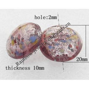 Silver Foil Lampwork Beads, Flat round 20x10mm, Hole:About 2mm, Sold by PC