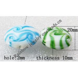 Lampwork Beads, Mix Color Flat round 20x10mm, Hole:About 2mm, Sold by Group