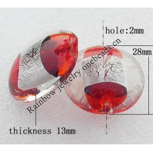 Silver Foil Lampwork Beads, Flat round 28x13mm, Hole:About 2mm, Sold by PC