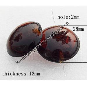 Silver Foil Lampwork Beads, Flat round 28x13mm, Hole:About 2mm, Sold by PC