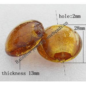 Silver Foil Lampwork Beads, Flat round 28x13mm, Hole:About 2mm, Sold by PC