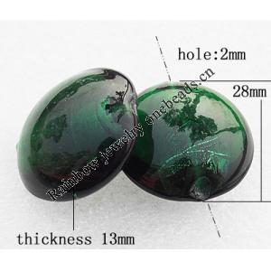 Silver Foil Lampwork Beads, Flat round 28x13mm, Hole:About 2mm, Sold by PC