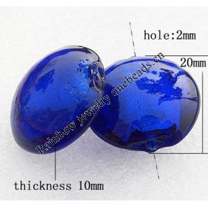 Silver Foil Lampwork Beads, Flat round 20x10mm, Hole:About 2mm, Sold by PC