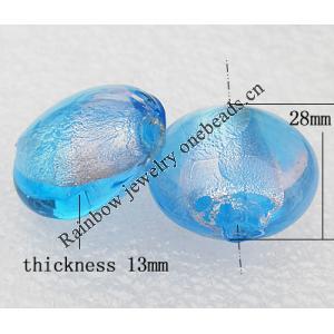 Silver Foil Lampwork Beads, Flat Round 28x13mm, Hole:About 2mm, Sold by PC