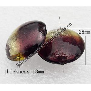 Silver Foil Lampwork Beads, Flat Round 28x13mm, Hole:About 2mm, Sold by PC