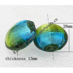 Silver Foil Lampwork Beads, Flat Round 28x13mm, Hole:About 2mm, Sold by PC