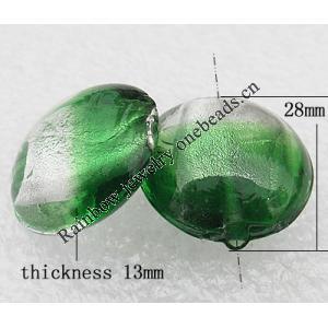 Silver Foil Lampwork Beads, Flat Round 28x13mm, Hole:About 2mm, Sold by PC