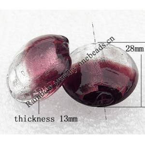 Silver Foil Lampwork Beads, Flat Round 28x13mm, Hole:About 2mm, Sold by PC