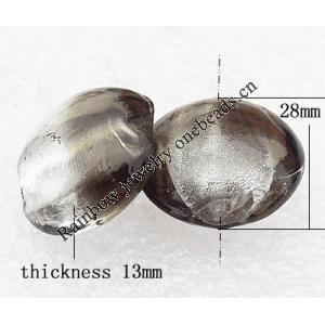 Silver Foil Lampwork Beads, Flat Round 28x13mm, Hole:About 2mm, Sold by PC