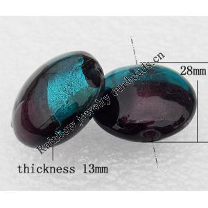 Silver Foil Lampwork Beads, Flat Round 28x13mm, Hole:About 2mm, Sold by PC