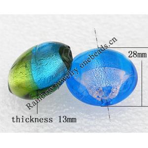 Silver Foil Lampwork Beads, Mix Color Flat Round 28x13mm, Hole:About 2mm, Sold by Group
