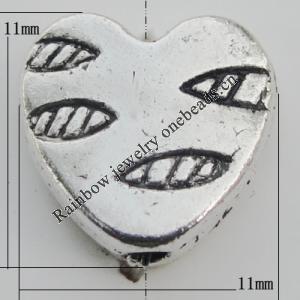 Bead Zinc Alloy Jewelry Findings Lead-free, Heart 11x11mm Hole:1mm, Sold by Bag