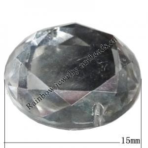 Taiwan Acrylic Cabochons with 2 Holes, Faceted Flat Round 15mm in diameter, Hole:About 1mm, Sold by Bag 