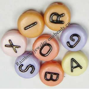 Acrylic Alphabet(Letter) Beads, Flat Round, black/Colorful, 7x4mm double-sided alphabet, Mix Letters, Sold per pkg of 36