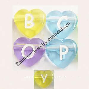 Acrylic Alphabet(Letter) Beads, Heart Shape, 12x5mm, Mix Letters, Sold per pkg of 1200