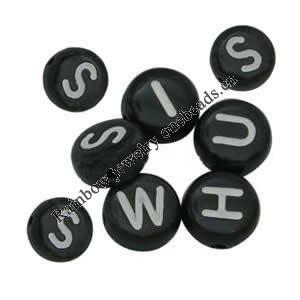 Acrylic Alphabet(Letter) Beads, Flat Round, White/Black, 7x4mm double-sided alphabet, Sold per pkg of 3600