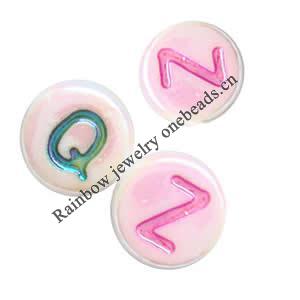 Acrylic Alphabet(Letter) Beads, Plated AB color, Flat Round, 7x4mm double-sided alphabet, Sold per pkg of 3600