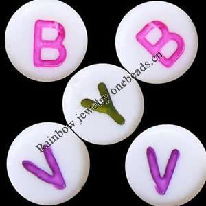 Acrylic Alphabet(Letter) Beads, Flat Round, 7x4mm double-sided alphabet, Sold per pkg of 3600