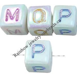 Acrylic Alphabet(Letter) Beads, Plated AB color, Cube, 10x10x10mm, Mix Letters, Sold per pkg of 550