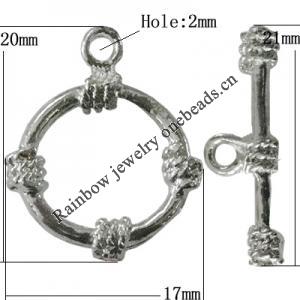 Copper Toggle Clasps Jewelry Findings Lead-free Platina Plated, Loop:20x17mm Bar:21x8mm Hole:2mm, Sold by Bag