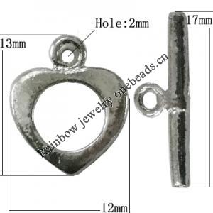 Copper Toggle Clasps Jewelry Findings Lead-free Platina Plated, Loop:13x12mm Bar:17mm Hole:2mm, Sold by Bag