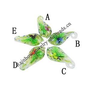 Inner Flower Lampwork Pendants, Leaf 28x60mm Hole: 6mm, Sold by Group