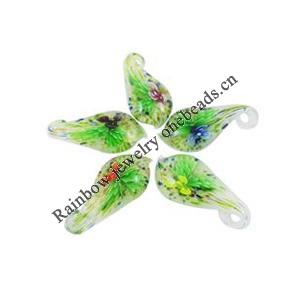 Inner Flower Lampwork Pendants, Mix Color Leaf 28x60mm Hole: 6mm, Sold by Group