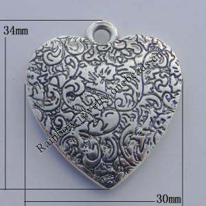 Jewelry findings, CCB plastic Pendant Antique sliver, Heart 34x30mm Hole:3mm, Sold by Bag