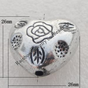 Jewelry findings, CCB plastic Beads Antique sliver, Heart 26x26mm Hole:2mm, Sold by Bag